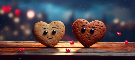 Two cute smiling heart-shaped cookies. Love concept - obrazy, fototapety, plakaty