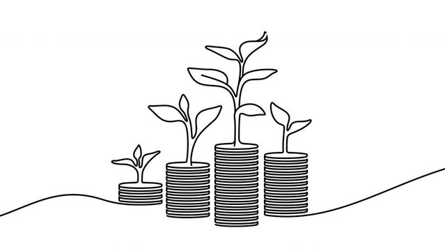 Continuous one line drawing of growing money graphic animation. Alpha channel. Single line art money and plant on transparent background motion design. 4K resolution