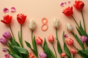 Number 8 and tulips. View from above. Copy space for text. Holidays concept.