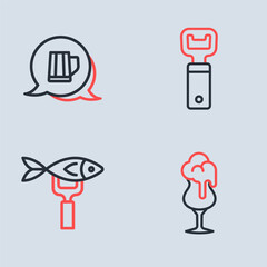 Set line Bottle opener, Dried fish, Glass of beer and Wooden mug icon. Vector