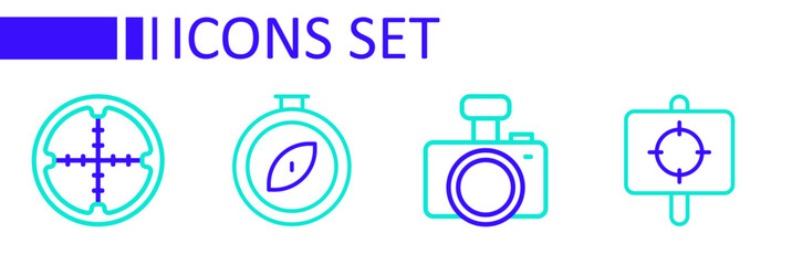 Set line Target sport, Photo camera, Compass and Sniper optical sight icon. Vector