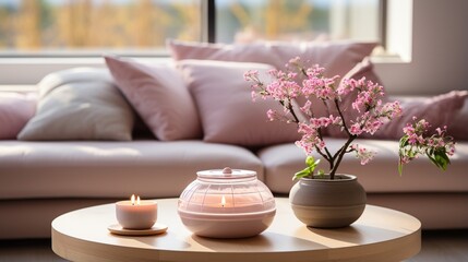 Elegant living room interior with pink flowers - obrazy, fototapety, plakaty