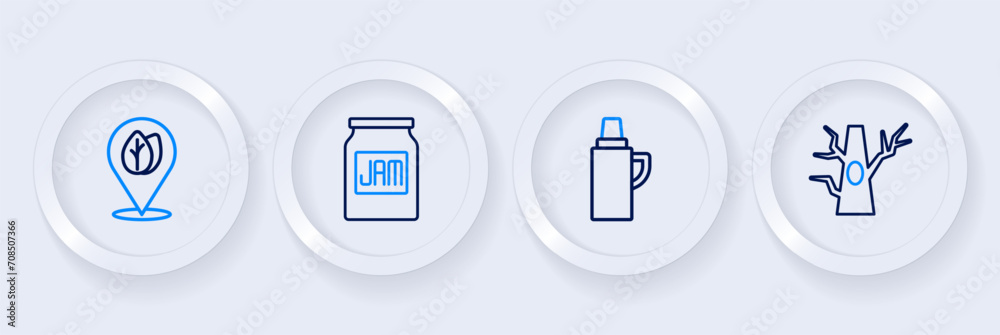 Canvas Prints Set line Bare tree, Thermos container, Jam jar and Location with leaf icon. Vector