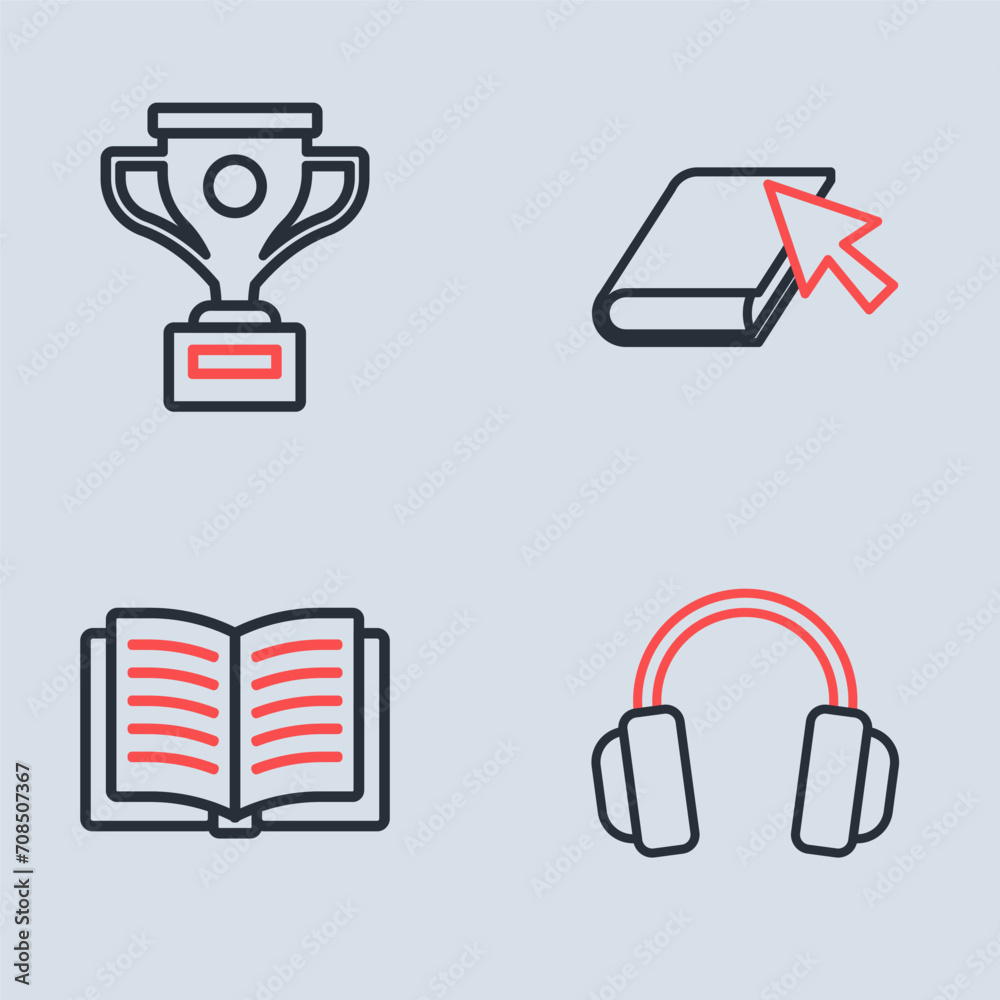 Poster Set line Online book, Open, Headphones and Award cup icon. Vector