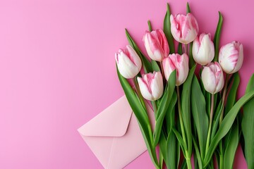 Mother's Day concept. Photo of a bouquet of pink tulips and an envelope