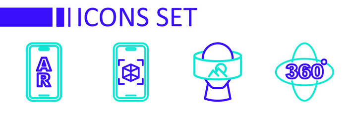 Set line 360 degree view, Virtual reality glasses, 3d modeling and Augmented AR icon. Vector