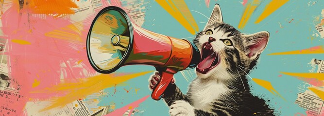 Playful graphic art of a cat shouting into a megaphone, styled with vintage textures and bold pop-art colors. Stylish modern loudspeaker announcing crazy promotions. - obrazy, fototapety, plakaty