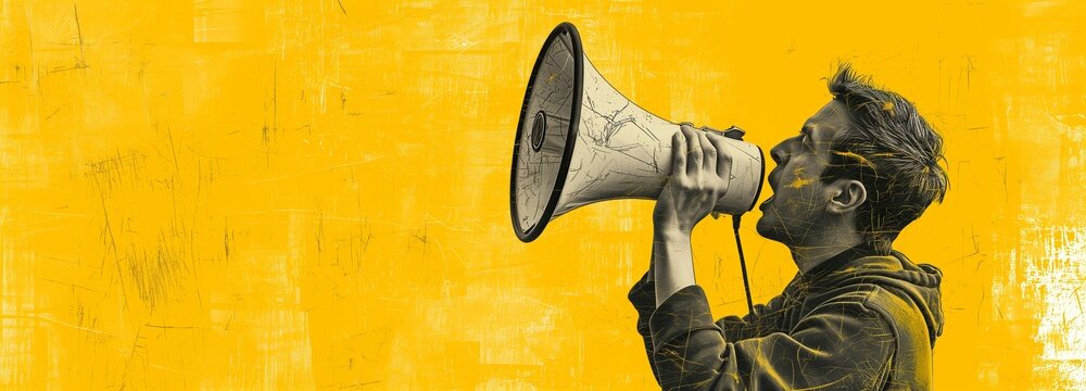 Graphic art of man with megaphone on textured yellow backdrop, symbolizing urban communication and activism.