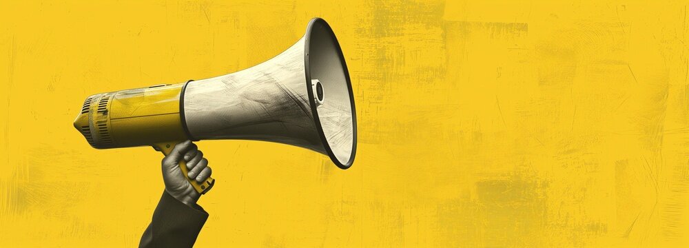 Dynamic hand gripping a megaphone in a textured graphic illustration on a bold yellow background, symbolizing vocal expression and advocacy.