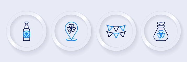 Set line Money bag with clover, Carnival garland flags, Clover trefoil leaf and Beer bottle icon. Vector