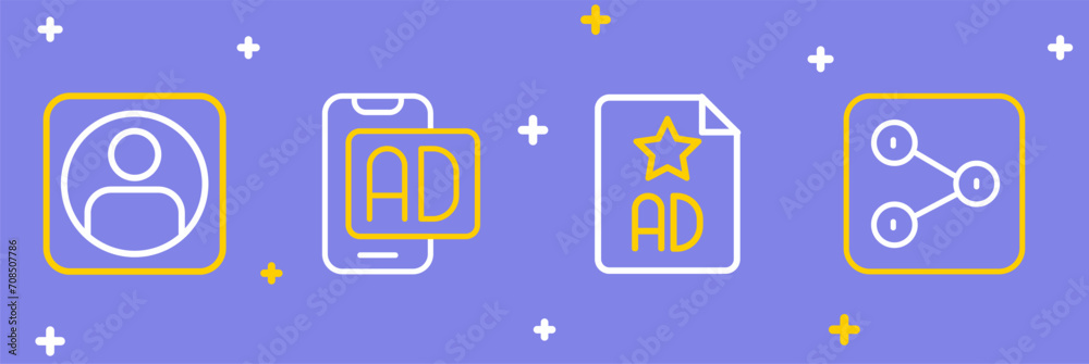 Sticker Set line Share, Advertising, and Create account screen icon. Vector