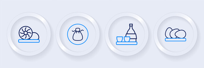 Set line Chicken egg, Bottle of sake, Wonton and Xiao long bao icon. Vector