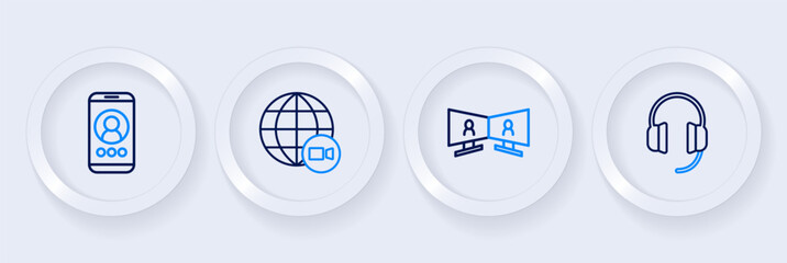 Set line Headphones, Video chat conference, and icon. Vector