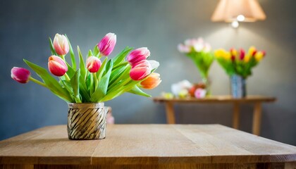 bouquet of tulips in a vase, empty wooden table background a bouquet of tulips on the old vintage boards
