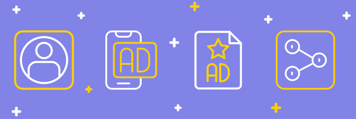 Set line Share, Advertising, and Create account screen icon. Vector