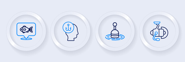 Set line Spinning reel for fishing, Fishing float water, Camping folding chair and Location icon. Vector