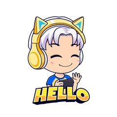 Anime gamer boy say hello esport mascot logo vector