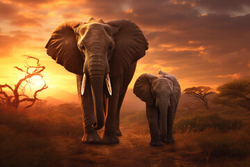Fototapeta na wymiar Closeup portrait elephant and child elephant on blue sky background looking down