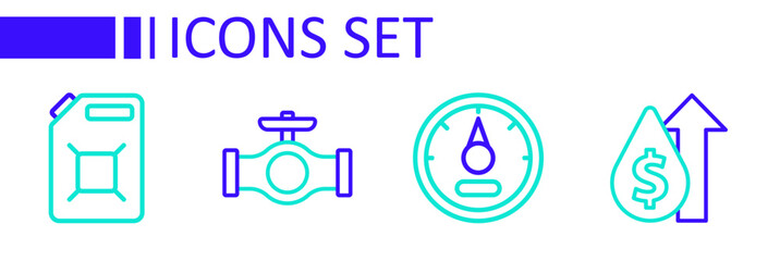 Set line Oil price increase, Motor gas gauge, pipe with valve and Canister for gasoline icon. Vector