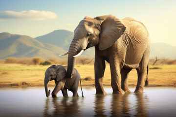 Fototapeta na wymiar Closeup portrait elephant and child elephant in water on blue sky background looking down