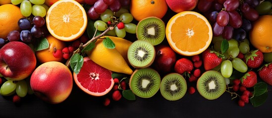 An assortment of juicy fruits including kiwi, orange, apple, grapes, and grapefruit.