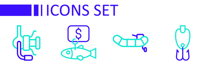 Set line Fishing lure, Inflatable boat with motor, Price tag for fish and Spinning reel fishing icon. Vector