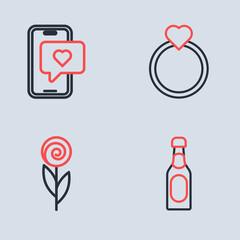 Set line Diamond engagement ring, Flower, Champagne bottle and Mobile with heart icon. Vector