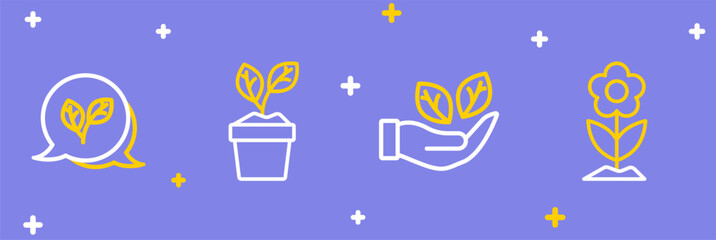 Set line Flower, Leaf in hand, Plant pot and icon. Vector