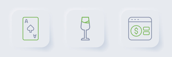 Set line Online poker table game, Wine glass and Playing card with spades symbol icon. Vector