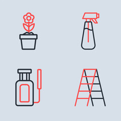 Set line Garden sprayer for water, Wooden staircase and Flower in pot icon. Vector