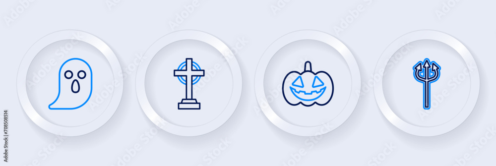 Sticker Set line Trident devil, Pumpkin, Tombstone with cross and Ghost icon. Vector