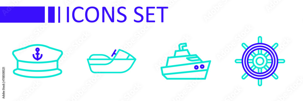 Poster Set line Ship steering wheel, Speedboat, Jet ski and Captain hat icon. Vector