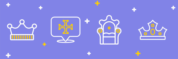 Set line King crown, Medieval throne, Crusade and icon. Vector