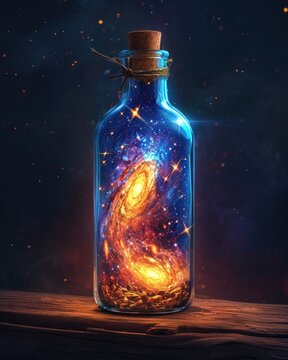 illustration of a galaxy in a glass bottle on a dark background