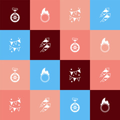 Set pop art Unicycle, Circus fire hoop, Carnival garland with flags and Firework rocket icon. Vector © Iryna
