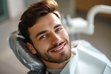 A photo of a handsome adult man client patient at dentist. Ai generative