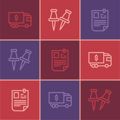 Set line Armored truck, Resume and Push pin icon. Vector