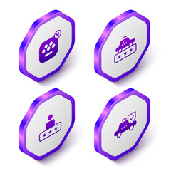 Set Isometric Taxi mobile app, service rating, and car insurance icon. Purple hexagon button. Vector