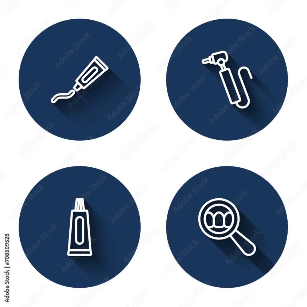 Canvas Prints Set line Tube of toothpaste, Tooth drill, and Dental search with long shadow. Blue circle button. Vector