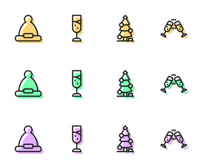 Set line Christmas tree, Santa Claus hat, Glass of champagne and icon. Vector