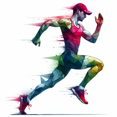 Running athlete polygonal watercolor ilustration on white background 