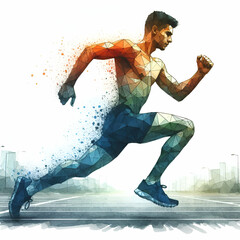 Running athlete polygonal watercolor ilustration on white background 