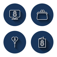 Set line 8 March, Handbag, Balloons with and Greeting card with long shadow. Blue circle button. Vector