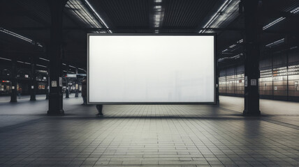 Blank white billboard at railway station, screen poster mockup in metro hallway. Hanging banner for advertising in subway. Concept of frame, background, mock up, design