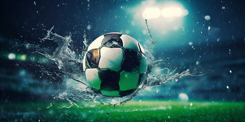 Soccer ball moving splashes on stadium field. Soccer ball on dark stadium background on grasses