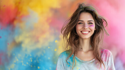 Happy young woman celebrating Holi festival, smiling adult girl with paint on face. Portrait of female on blurred colorful powder background. Concept of India, fun, copy space, color