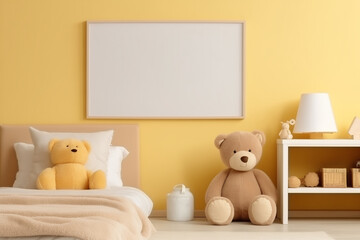 Aesthetic composition of child room interior with mock up poster frame, soft yellow wall, plush toys and personal accessories. Home decor, template