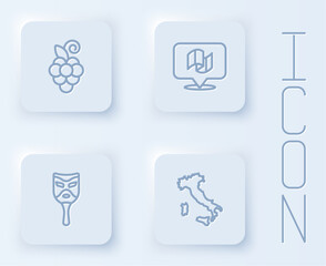 Set line Grape fruit, Flag Italy, Carnival mask and Map of. White square button. Vector