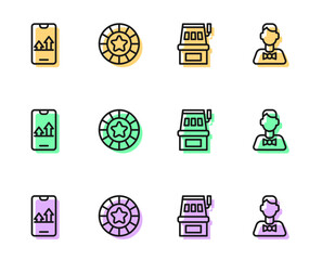 Set line Slot machine, Online sports betting, Casino chips and dealer icon. Vector