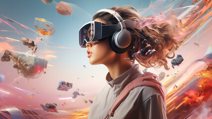 Teenage gamer girl experiences a fantasy world wearing virtual reality glasses and headphones. Studio with VR headsets to explore educational video games and learn about technology. - obrazy, fototapety, plakaty